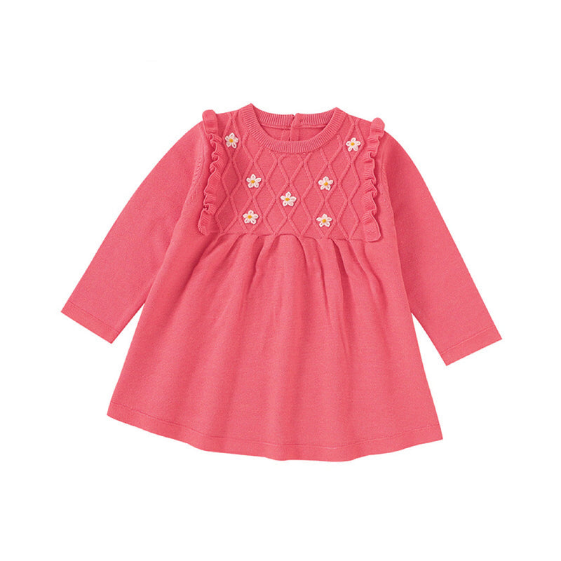 Baby Girl Flower Patched Pattern Solid Color Knitted Dress