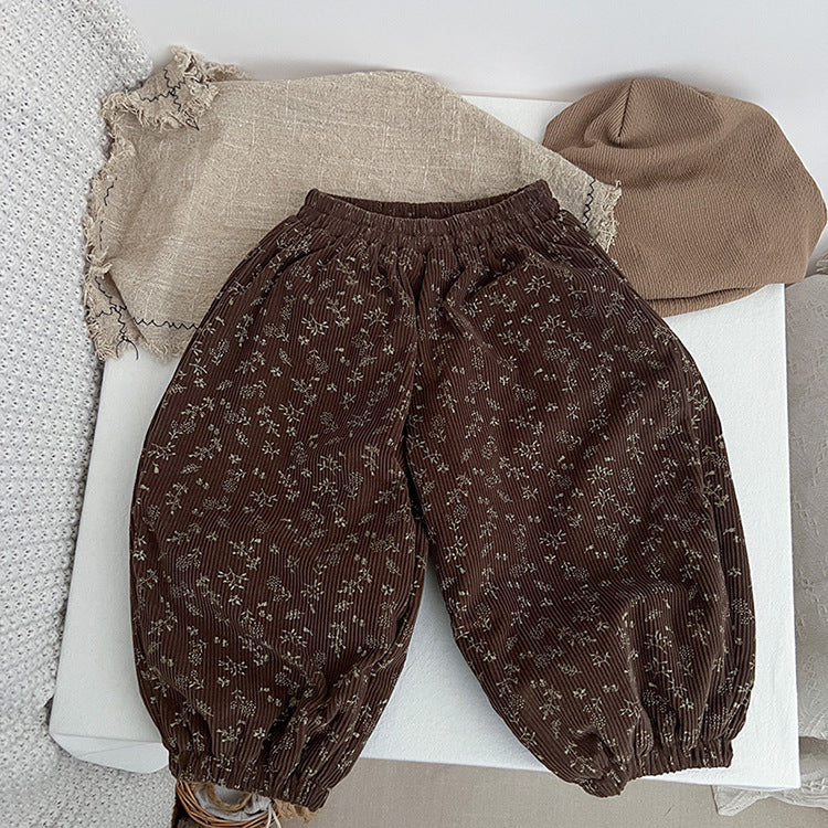 Baby Girl Ditsy Flower Pattern Corduroy Fabric Loose Thickened Pants In Winter