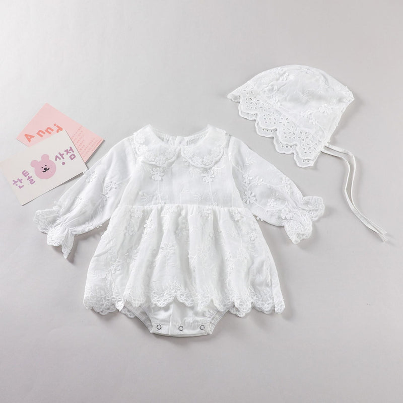 Baby Girl Solid Color Flower Embroidered Design Doll Neck Long Sleeves Onesie Dress