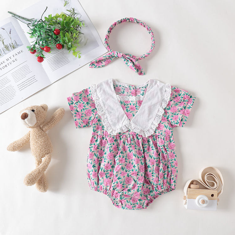 Baby Girl Floral Print Pattern Lace Collar Patchwork Baby Onesies Short Sleeve