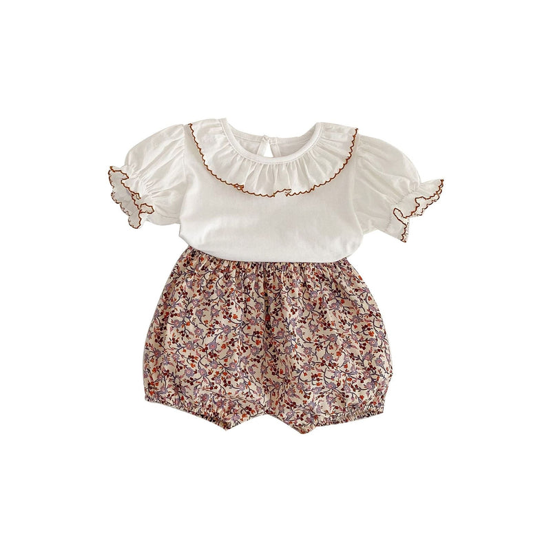 Baby Solid Color Puff Sleeve Blouses Combo Shorts Sets