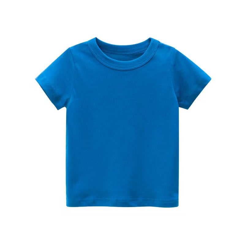 Baby Kids No Pattern Solid Color Short-Sleeved Tops In Summer Outfit Wearing