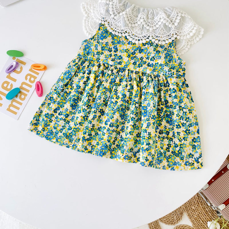 Baby Girl Floral Print Lace Patchwork Design O-Neck Dress