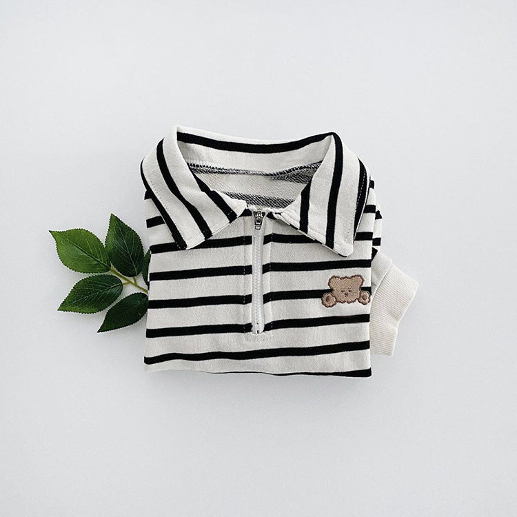 Baby Striped & Cartoon Patched Graphic Polo Neck Long Sleeves Bodysuit Onesies