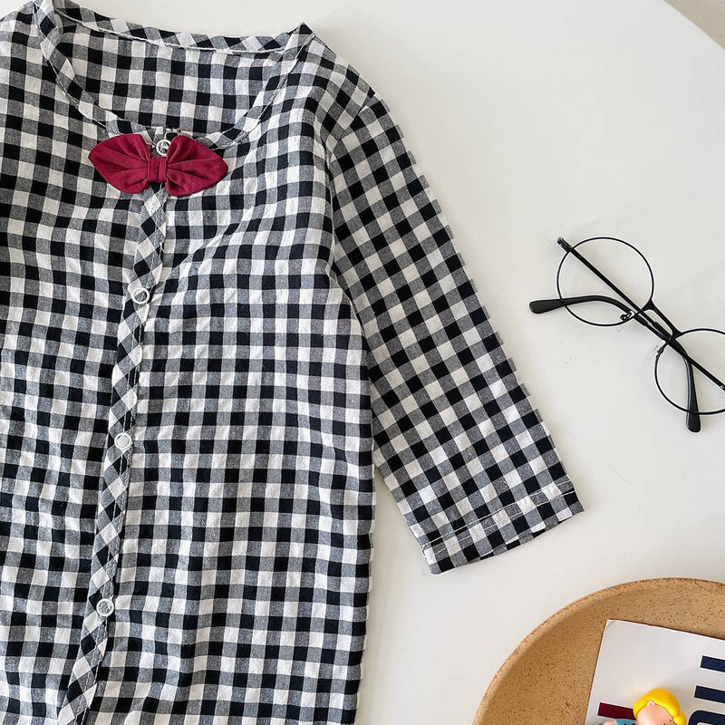 Baby Boy Plaid Pattern Bow Patched Design Cotton Jumpsuit