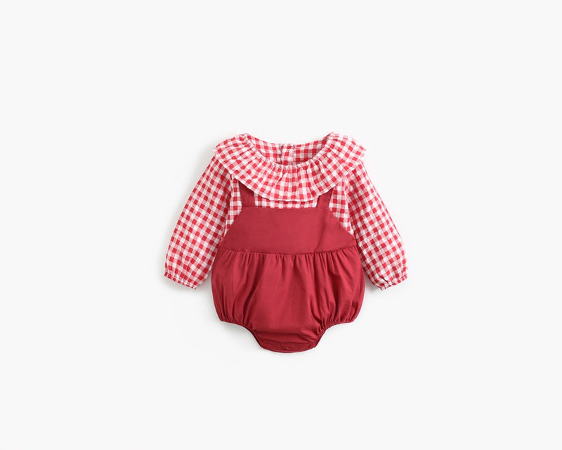 Baby Girl 1pcs Plaid Pattern False 2-Piece Design Ruffle Neck Onesies