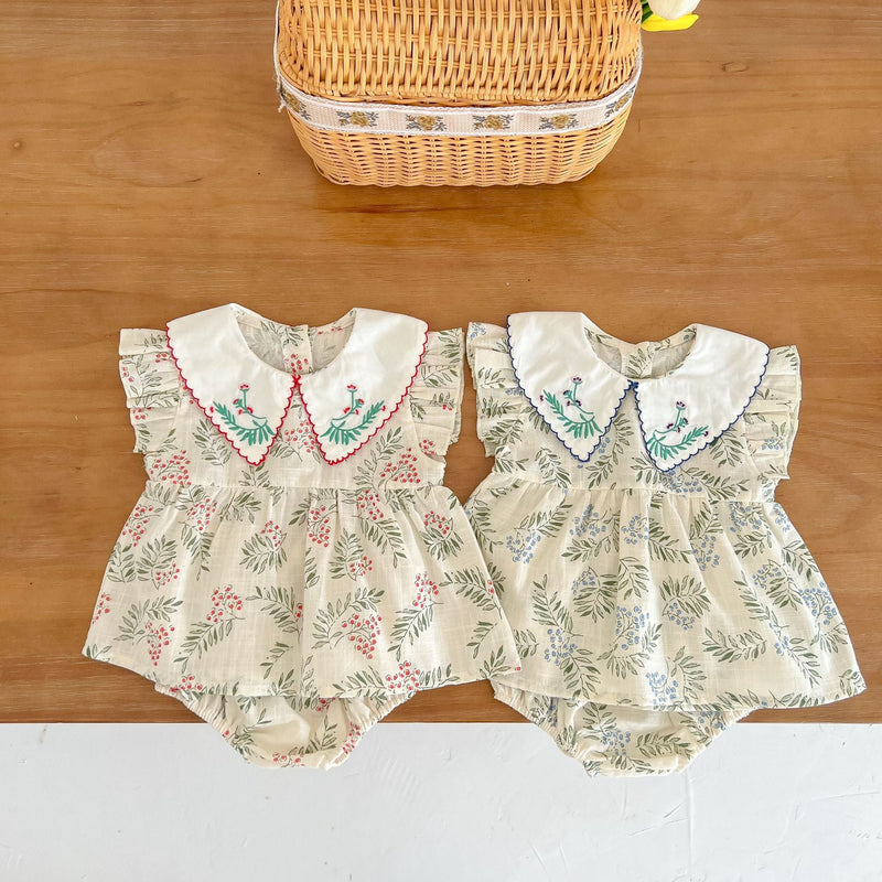 Baby Girl Floral Print Pattern Embroidered Lapel Sleeveless Tops Combo Shorts Two-Piece Sets