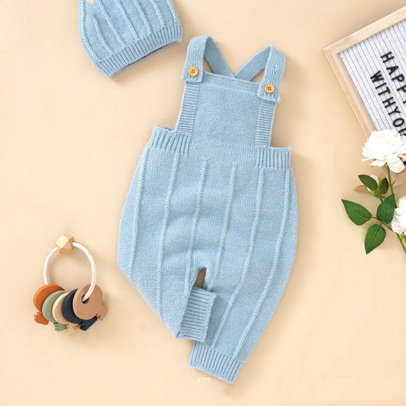 Baby Solid Color Knitted Sling Romper With Hat Sets