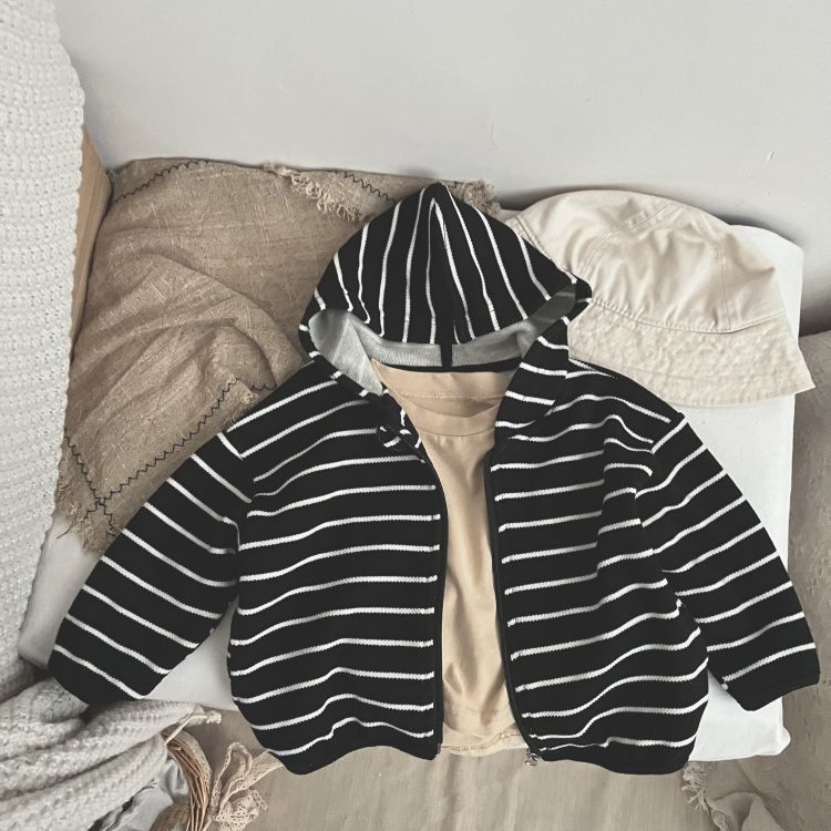 Baby Striped Pattern Single Breasted Design Long Sleeve Coat With Hat