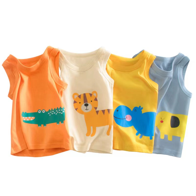 Baby Boy Animal Print Round Neck Sleeveless Children’s Tops In Summer