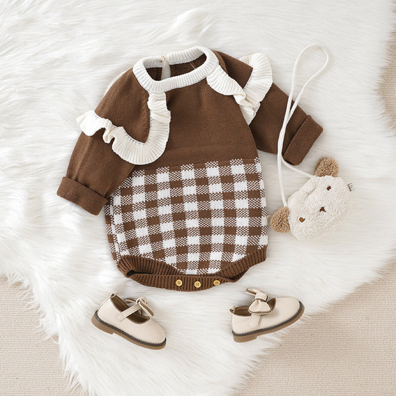 Baby Girl Checkerboard Pattern Lace Design Onesies In Autumn