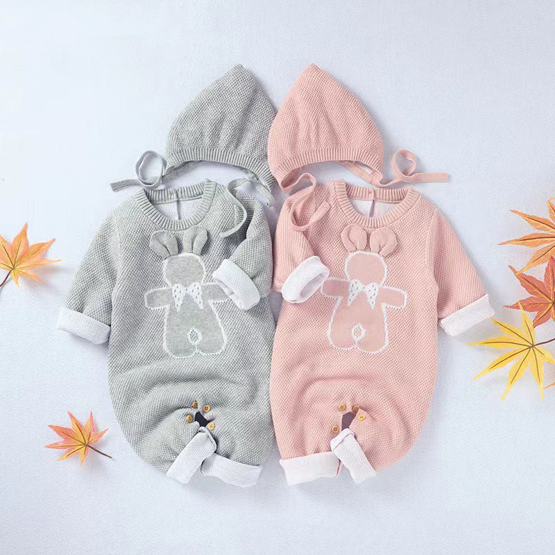 Baby Cartoon Bunny Embroidered Graphic Solid Warm Rompers With Hat