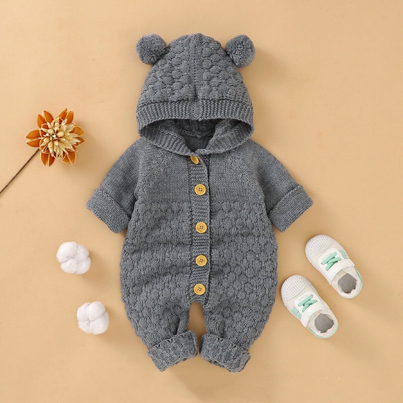 Baby 1pcs Cable Knitted Graphic Button Front Design Rompers With Hairball Patched Hat