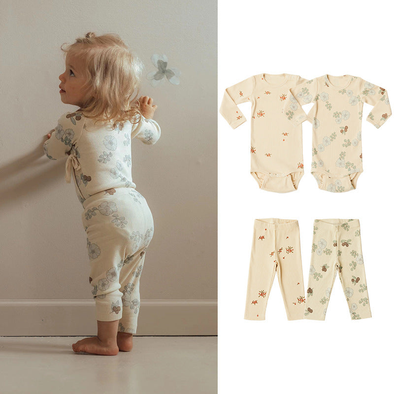 Baby Girl Floral Pattern Cotton Onesies With Pant 1 Pieces Sets