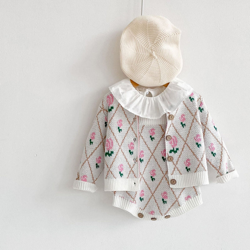 Baby Girl 1pcs Allover Roses Embroidered Graphic Crotch Bodysuit & Cardigan Handmade Knitted Sets