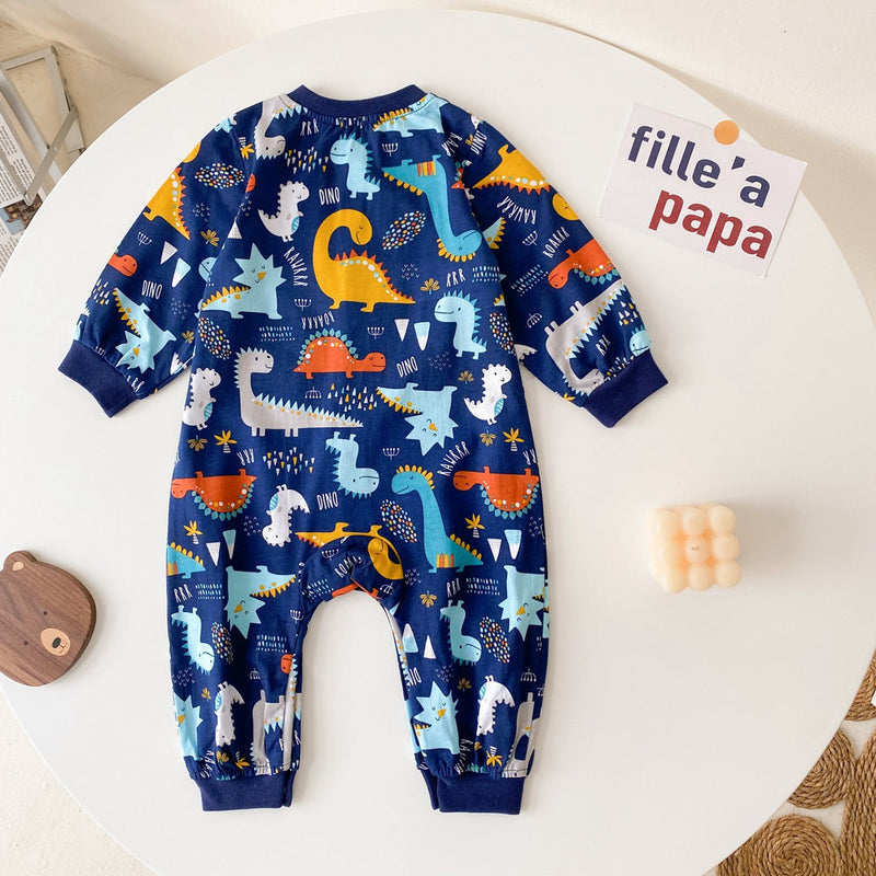 Baby Boy Cartoon Animals Graphic Snap Button Front Design Long Sleeved Romper Jumpsuit