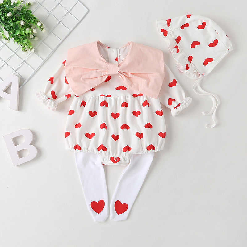 Baby Girl Heart Pattern Big Bow Tie Patched Design Triangle Onesies