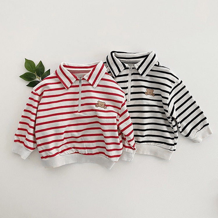 Baby Cute Bear Embroidered & Striped Pattern Polo Neck Cotton Hoodies