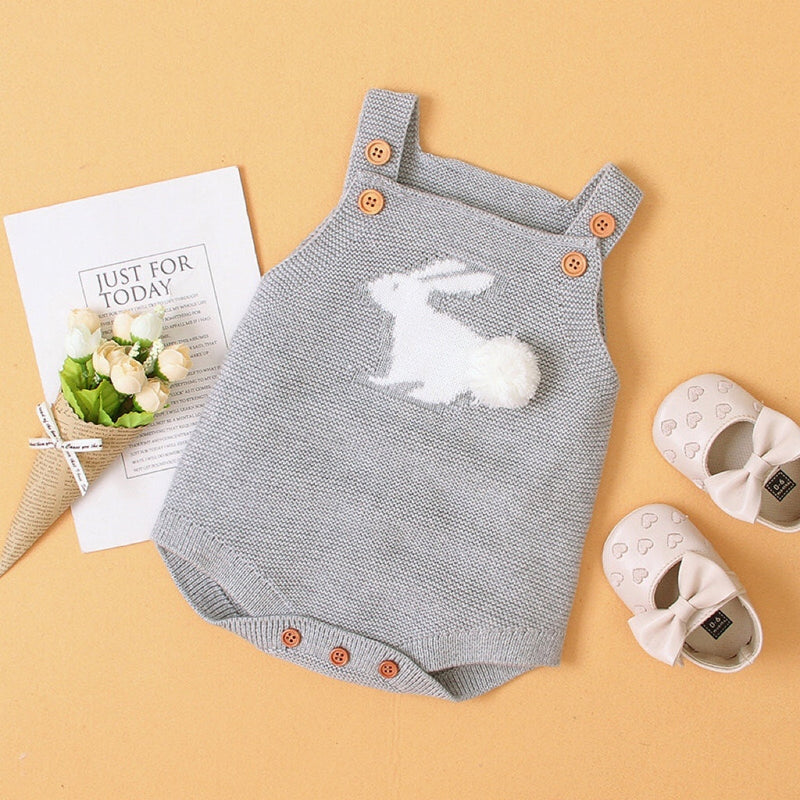 Baby Girl 1pcs 3D Bunny Embroidered Graphic Strap Knitted Onesies Bodysuit