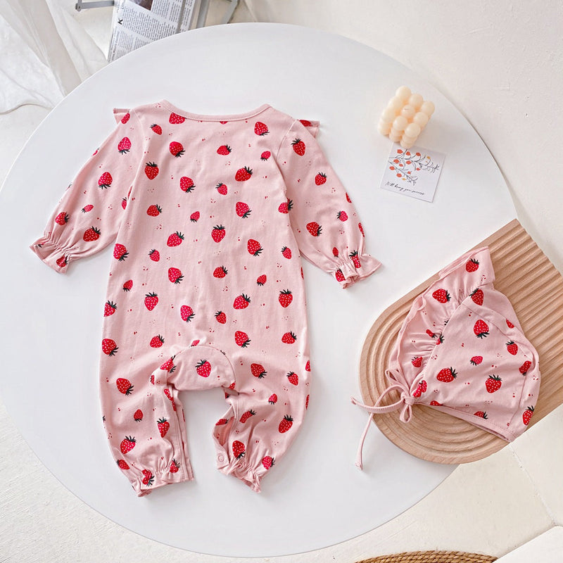 Baby Girl Allover Strawberries Pattern Ruffle Design Button Front Romper