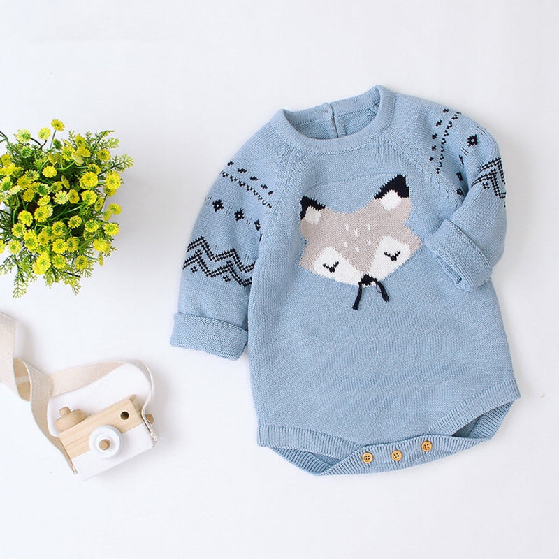 Baby Cartoon Fox Graphic Long Sleeves Triangle Knitted Romper Jumpsuit In Autumn