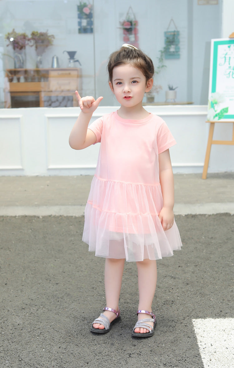 Girl Solid Mesh Pattern Short Sleeve Round Collar Dress In Summer