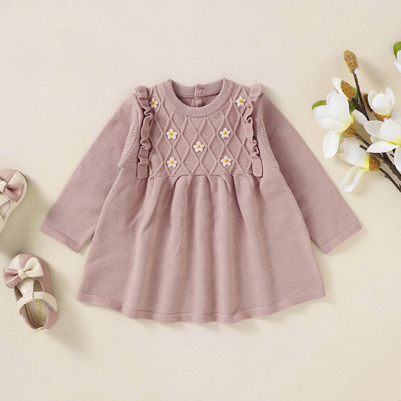 Baby Girl Flower Patched Pattern Solid Color Knitted Dress