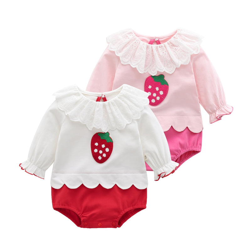 Baby Girl 1pcs Strawberry Pattern Mesh Ruffle Neck Patchwork Onesies Bodysuit