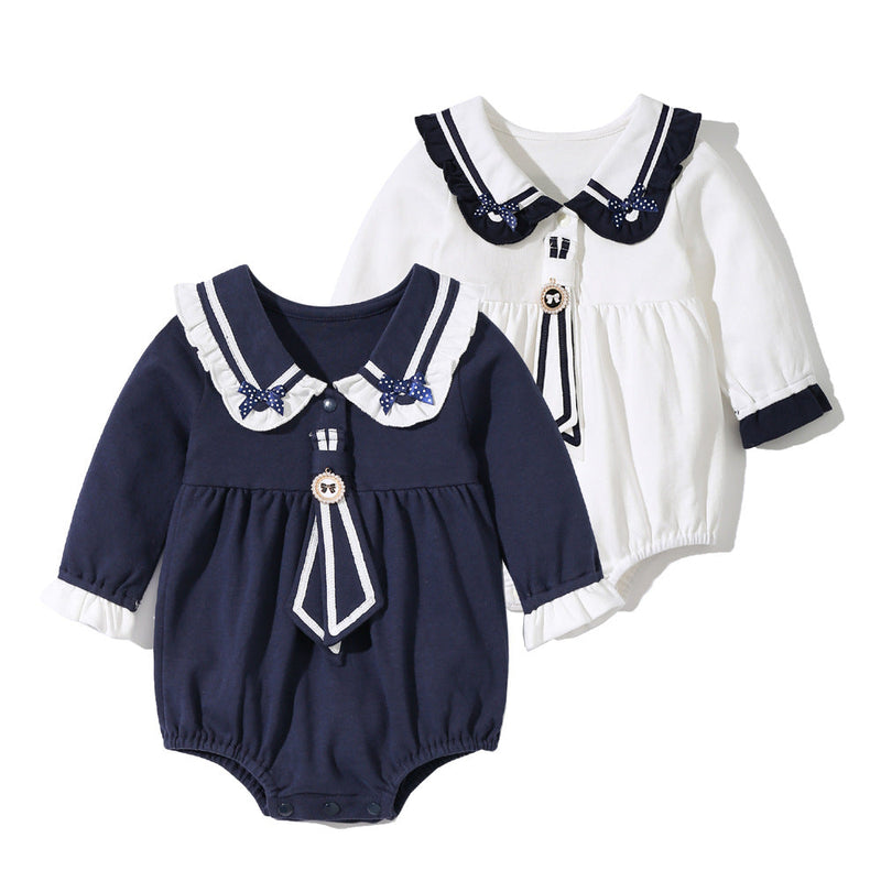 Baby Girl Solid Color Tie Dye Patched Design Doll Neck Sailor Style Onesies Bodysuit