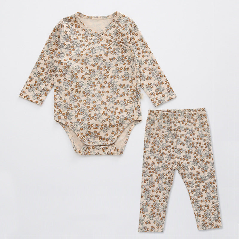 Baby Floral Print Pattern Side Buckle Design Cute Thin Style Air Conditional Clothes Sets