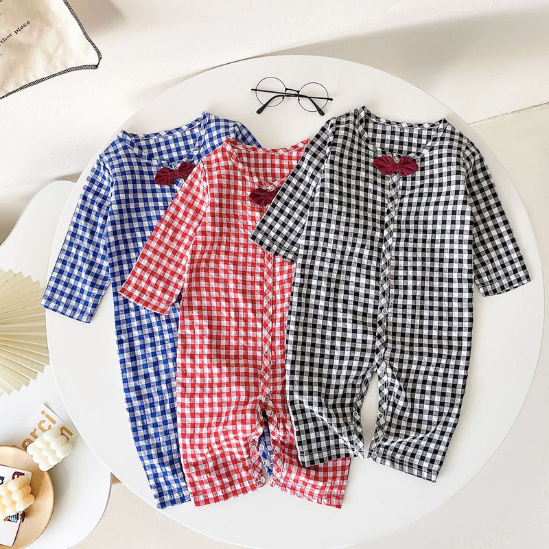 Baby Boy Plaid Pattern Bow Patched Design Cotton Jumpsuit