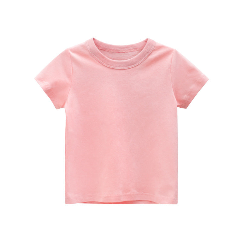 Baby Kids No Pattern Solid Color Short-Sleeved Tops In Summer Outfit Wearing