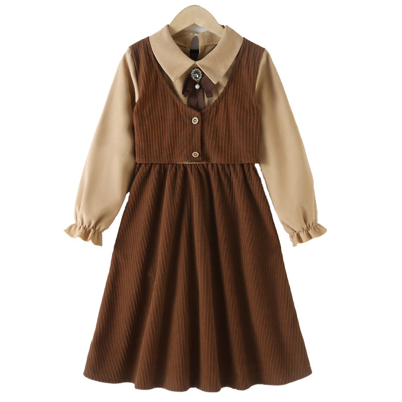 Preppy Corduroy Long Sleeves Turndown Collar Thick Dress