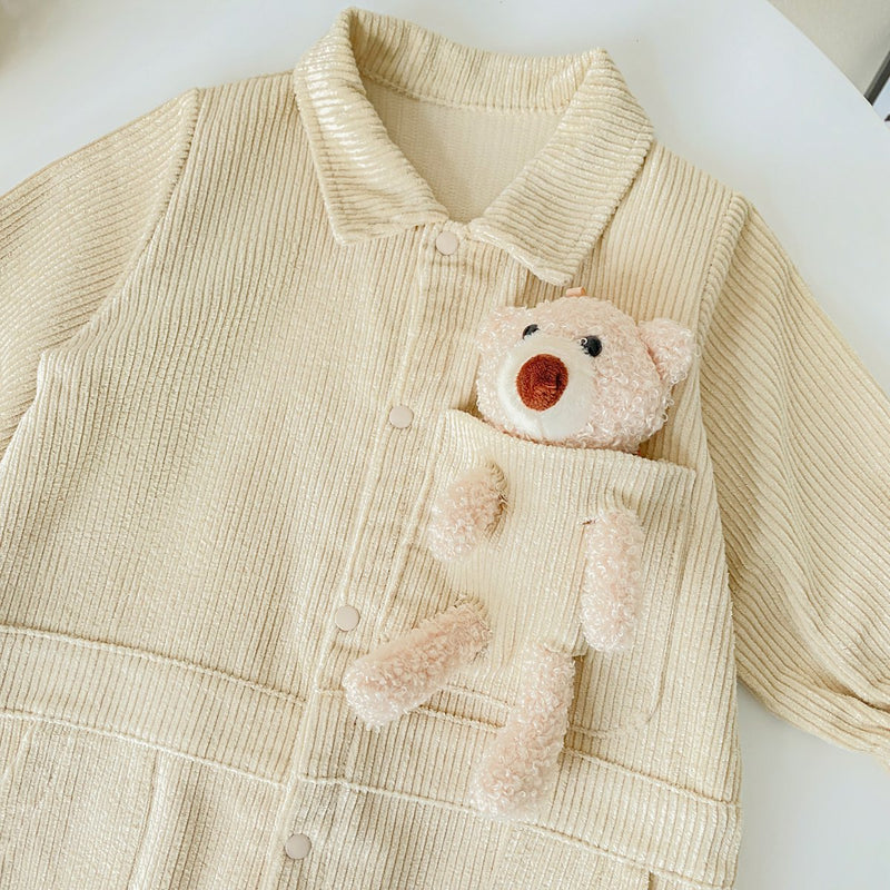 Baby 3D Cartoon Bear Patched Design Corduroy Fabric Button Front Romper