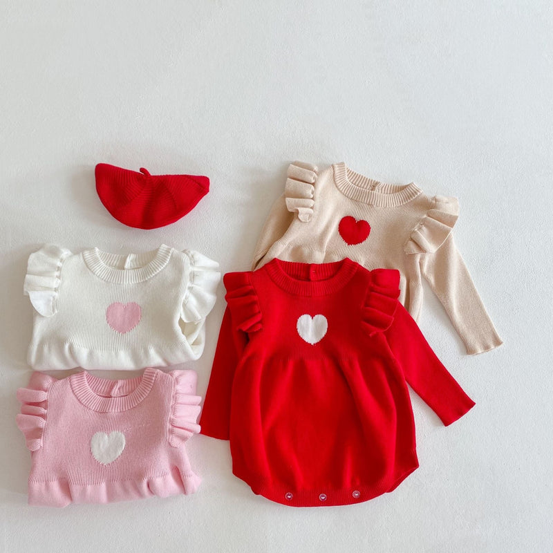 Baby Girl 1pcs Heart Embroidered Pattern Ruffle Long Sleeve Knit Onesies