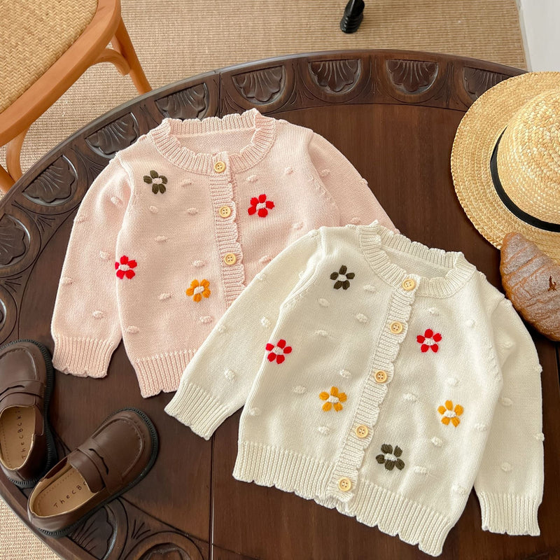 Baby Girl Flower Embroidered Graphic Single Breasted Design Knit Cardigan