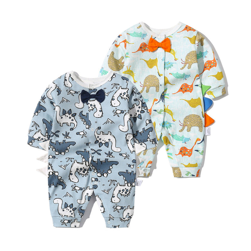 Baby Boy Dinosaur Pattern Bow Tie Patched Design Snap Button Romper Jumpsuit