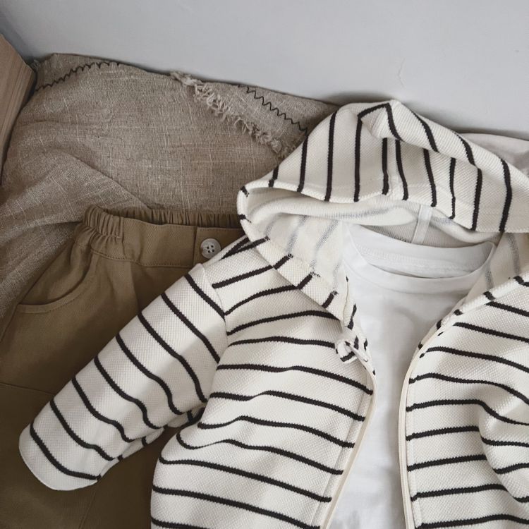 Baby Striped Pattern Single Breasted Design Long Sleeve Coat With Hat