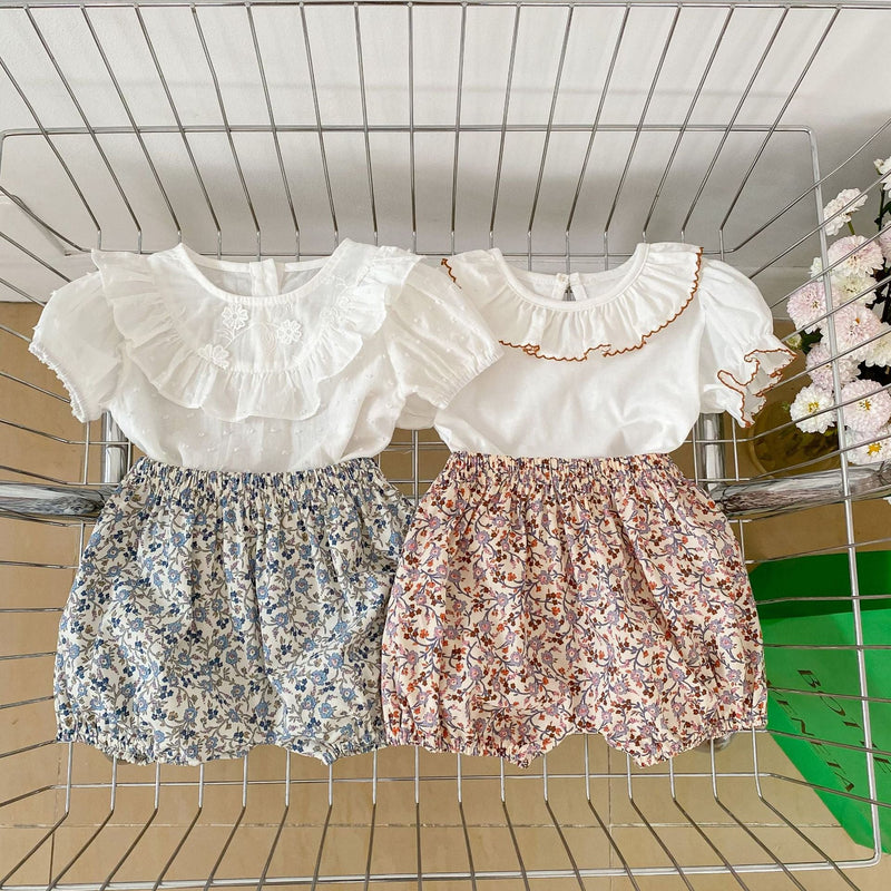 Baby Solid Color Puff Sleeve Blouses Combo Shorts Sets