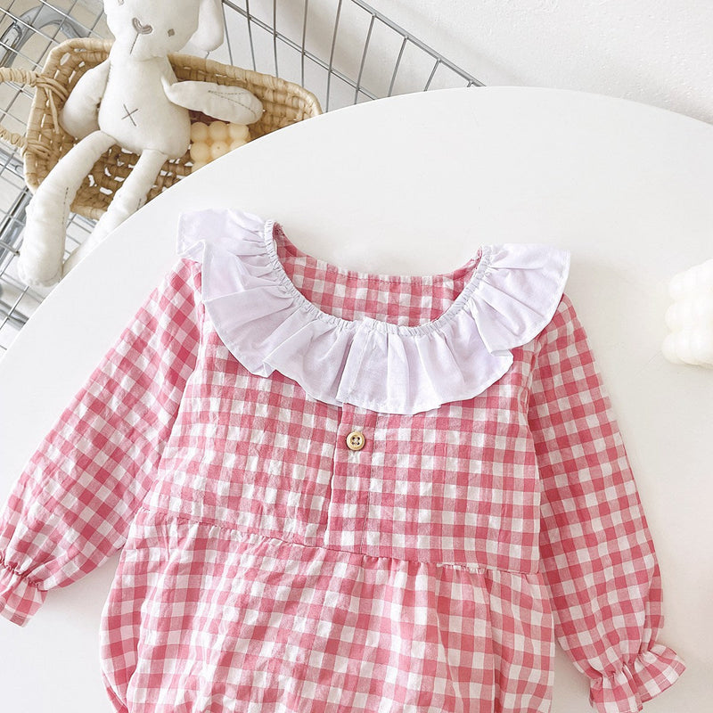 Baby Girl Plaid Pattern Ruffle Neck Design Triangle Sweet Onesies