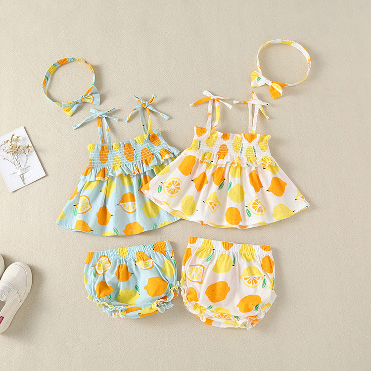 Baby Girl Lemon Fruit Print Sleeveless Dress Combo Short Pants In Sets