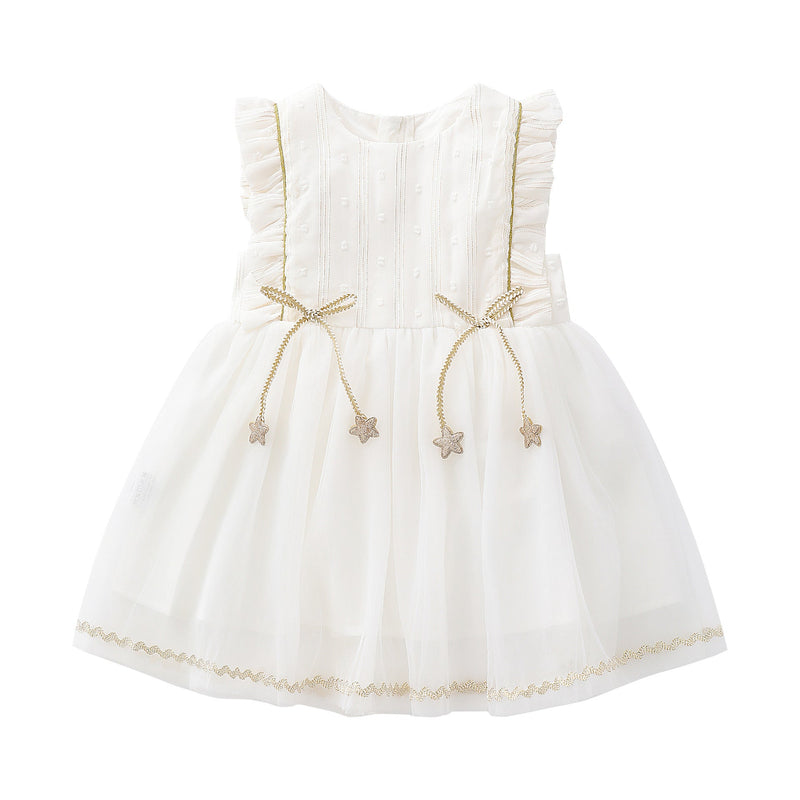 Baby Girl 1pcs Frill Trim Mesh Overlay Design Bow Tie Solid Princess Tutu Dress