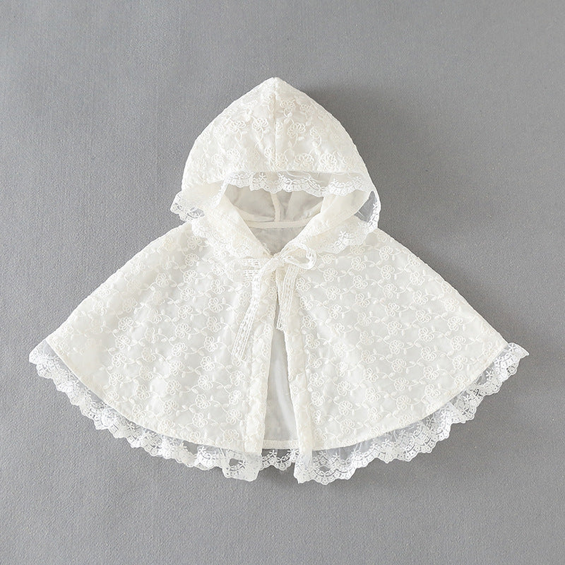 Kids Mesh Overlay Design Belted Bow Tie Shawls With Ruffle Hat