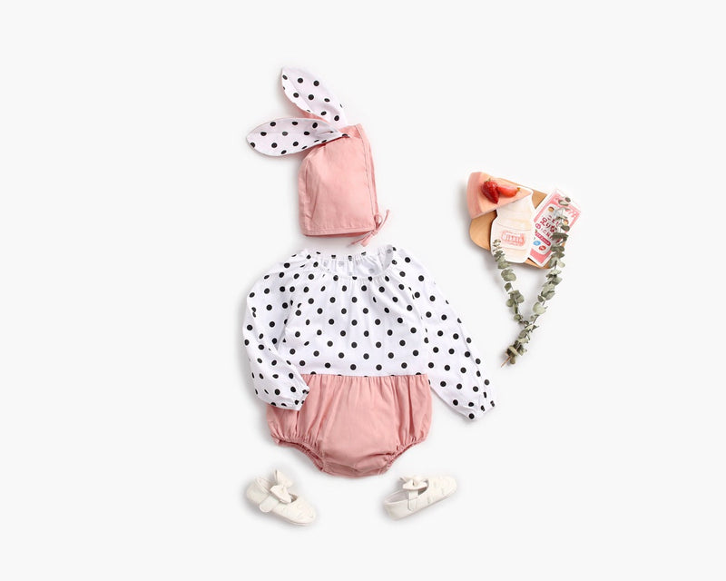 Baby Girl Polka Dot Graphic Long Sleeved Cute Bodysuit & Hats