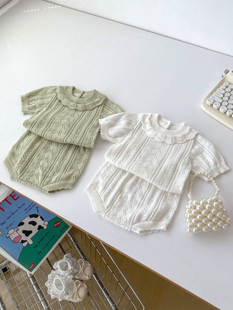 Summer Baby Kids Girls Hollow Out Knitting Pattern Pullover Top And Bloomers Casual Clothing Set