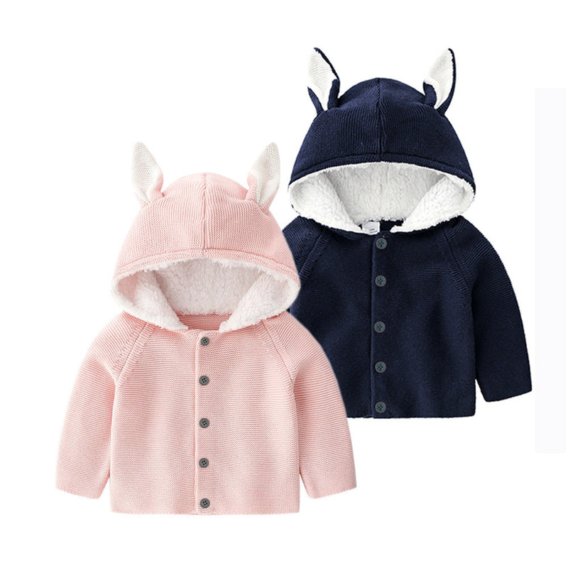 Baby Solid Color Bunny Ear Patched Hat Design Button Front Knitted Sweater Cardigan