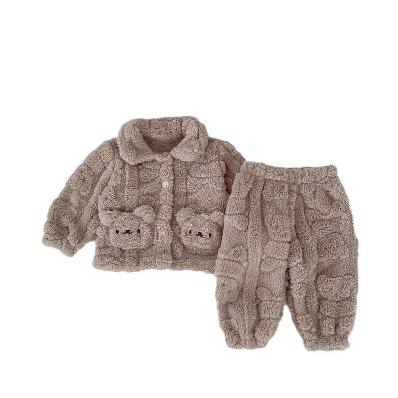 Baby Little Bear Plush Cardigan Combo Long Pants Sets In Winter