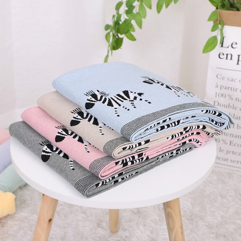 Kids Cartoon Animal Embroidery & Striped Pattern Pure Cotton Blanket