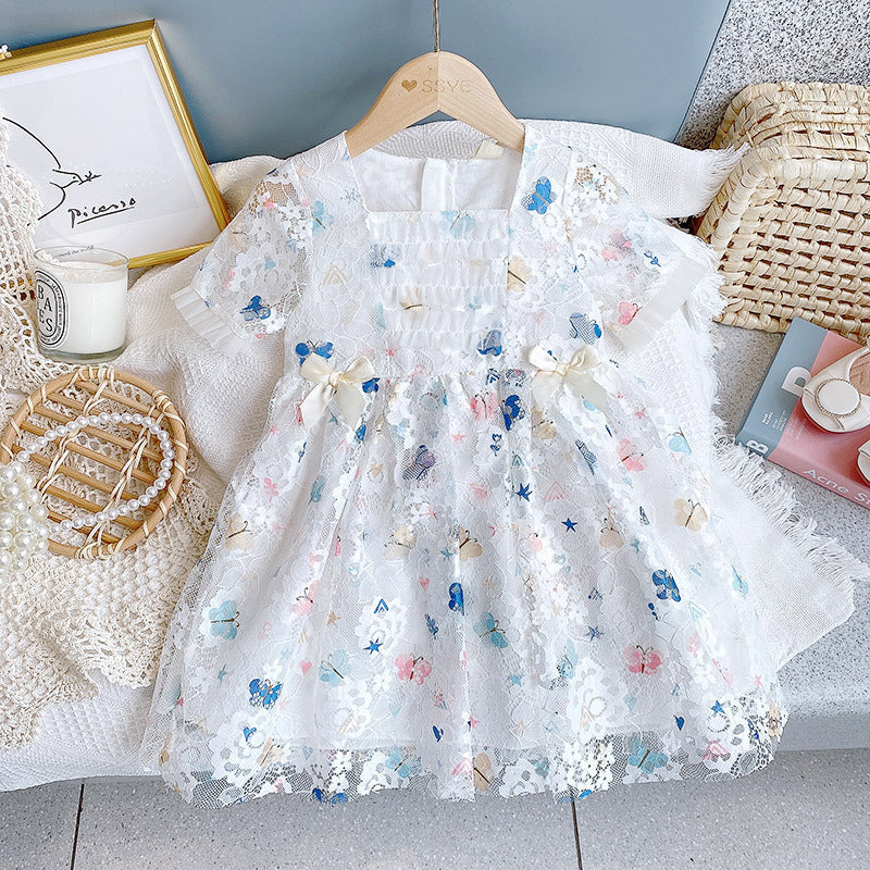 Baby Girl Butterfly Print Lace Patchwork Design Square-Collar Dress