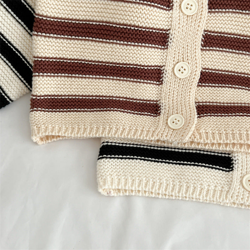 Baby Striped Pattern Lapel Knitted Cardigan With Pants Sets